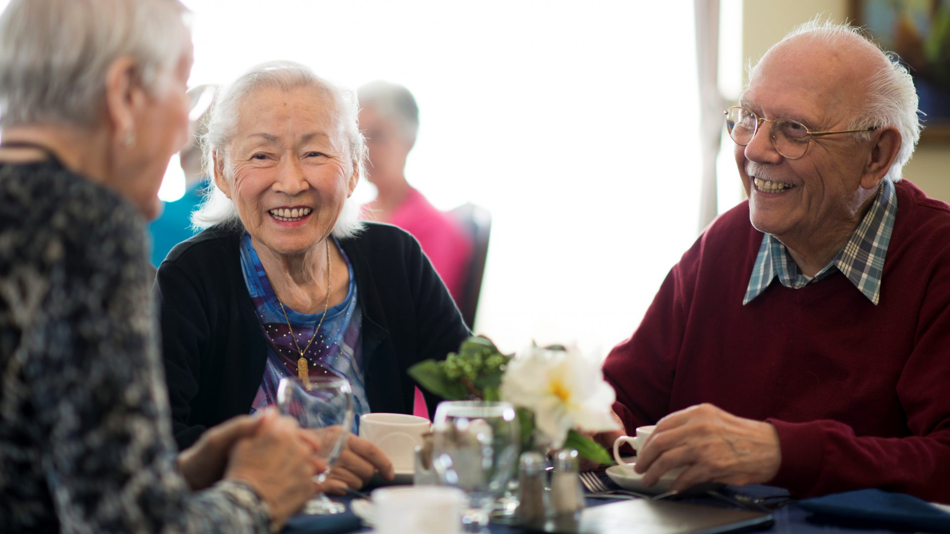 seniors having dinner at an assisted living facility